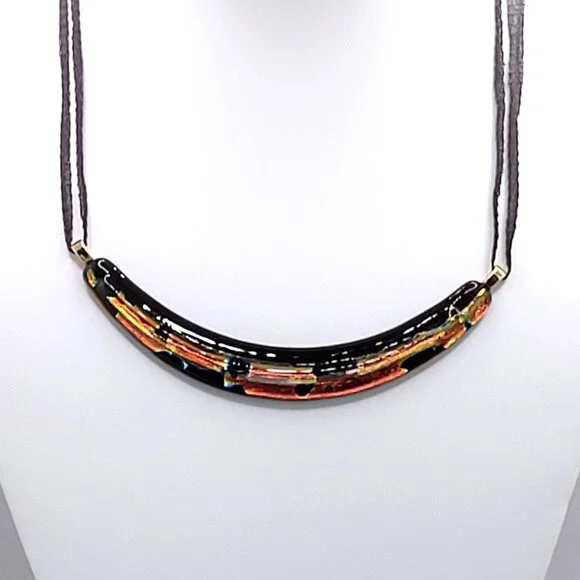 Curved Dichroic Fused Glass Pendant Gauze Double Strand Necklace 17" Signed TB - Picture 2 of 12